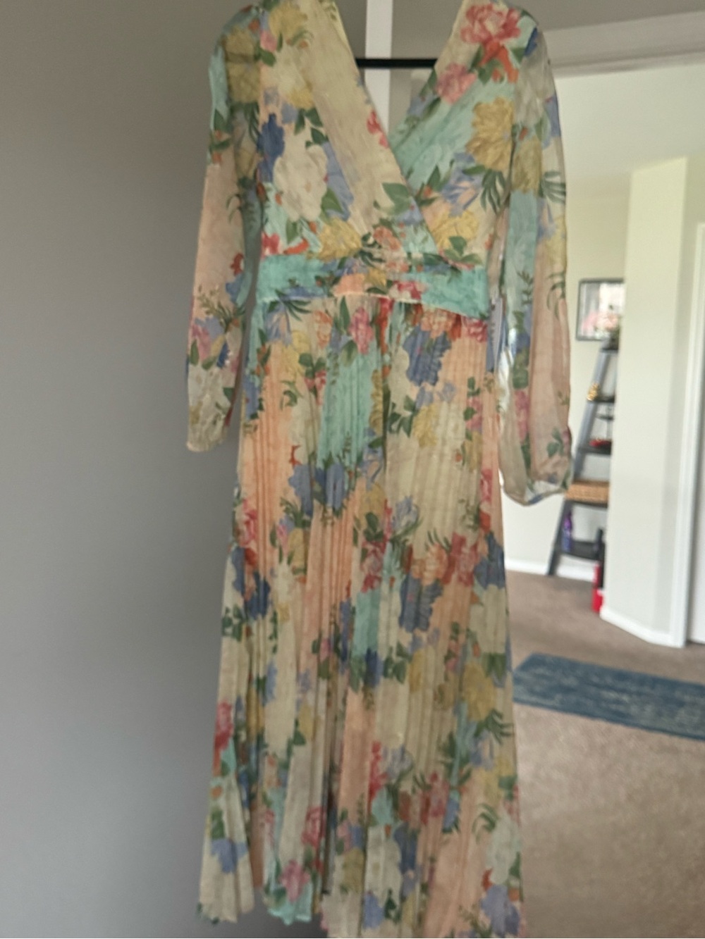 Siena Studio Pastel Floral Pleated Long-Sleeve Maxi Dress